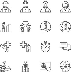 Seniors Thin Line Icons, Aging society concept, Vector line icon set