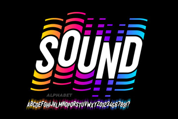 Sound wave rhythm font design, alphabet letters and numbers vector illustration