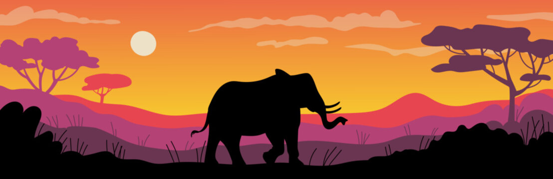 African sunset landscape banner with elephant flat vector illustration.
