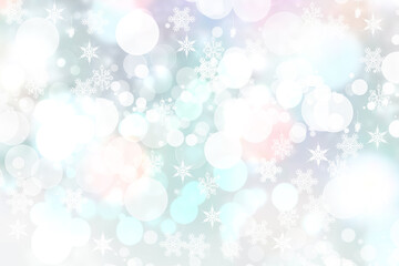 Abstract blurred festive delicate winter christmas or Happy New Year background texture with shiny light turquoise blue and bright bokeh lighted stars and snowflakes. Card concept.