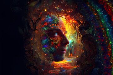 Obraz premium Fluorescent Dreamy Mystical colorful glowing fantasy world Imagination of start of mind