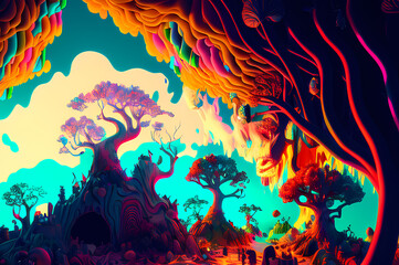 Plakat Fluorescent Dreamy Mystical colorful glowing fantasy world Imagination of start of mind