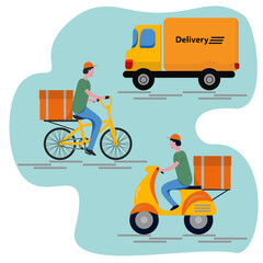 Online home office bike truck delivery Bicycle scooter courier vector illustration design