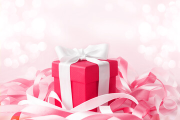 Happy Mother's Day. Valentine's day. Red box with a gift in festive ribbons. Banner for store. Greeting card. Copy space