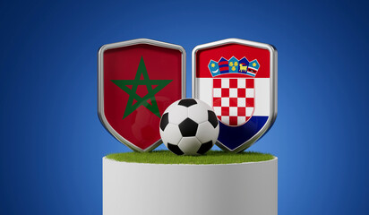 Morocco vs Croatia flag soccer shield with football ball on a grass podium. 3D Rendering