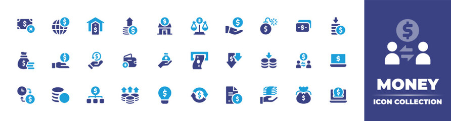 Money intelligence icon collection. Vector illustration. Containing home, growth, house, investment, poverty, give money, add, cashback, funding, money bag, money, profits, money management, and more.