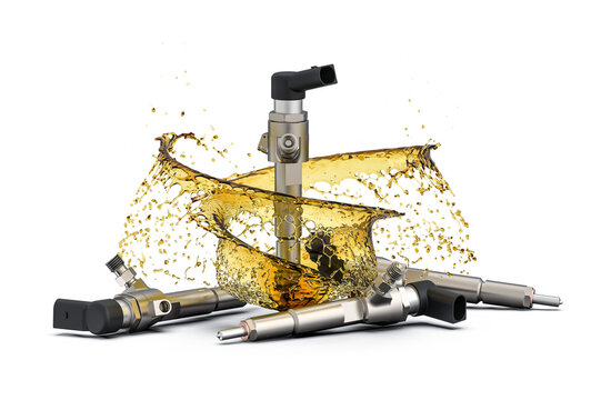 Diesel injector.  Fuel diesel injector.  Set of fuel injectors with splash of fuel on white background.