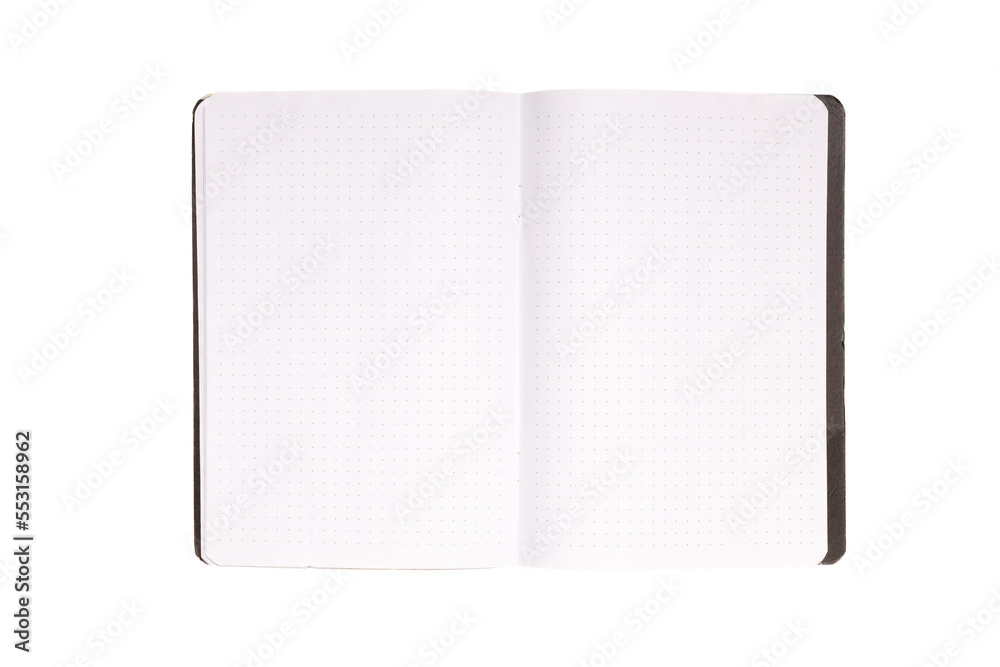 Poster open notepad with black cover isolated on white background