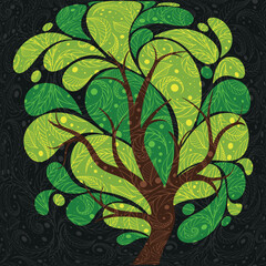 Spring green tree on a dark background. Vector