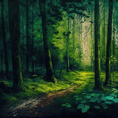 Obraz premium Green forest in a oil texture illustration design art