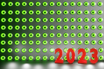 Abstract red number 2023 On glowing Speaker Wall background 3D rendering