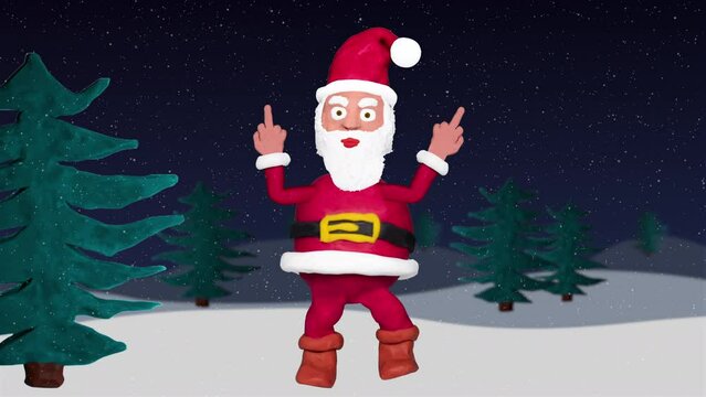 Seamless looping animation of a plasticine angry Santa Claus in a winter landscape including green screen and luma matte 
