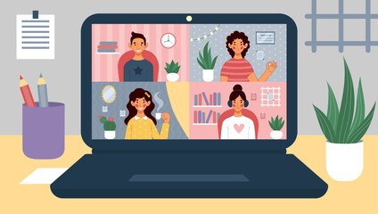 Home work, virtual video call. Remote office conference on laptop, online team group chat, business web communication. Freelance workers. Vector cartoon flat illustration, tidy concept