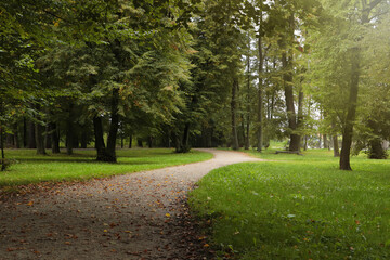 Fototapeta na wymiar Beautiful public city park with pathway and green grass