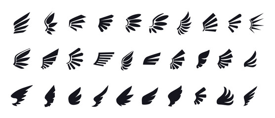 Eagle bird wing, angel logo collection. Freedom angelic emblem, black retro business silhouette, retro feather. Geometric and hand drawn isolated elements. Vector icon recent symbols set © Natalia
