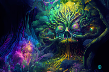 Fluorescent Dreamy Mystical colorful glowing fantasy world Imagination of start of mind
