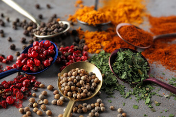Different spices and spoons on grey textured table, closeup