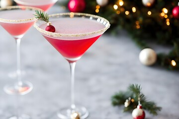 Christmas drink red martini cocktail wine with decoration tree. Holiday celebration party with winter festive beverage. Generative AI