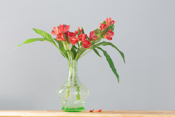 bouquet of red alstroemeria in vintage glass vase on wooden shelf