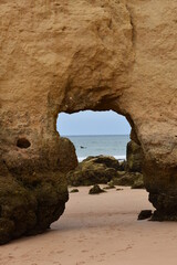 Closeup of rock formations at beach in Armacao de Pera