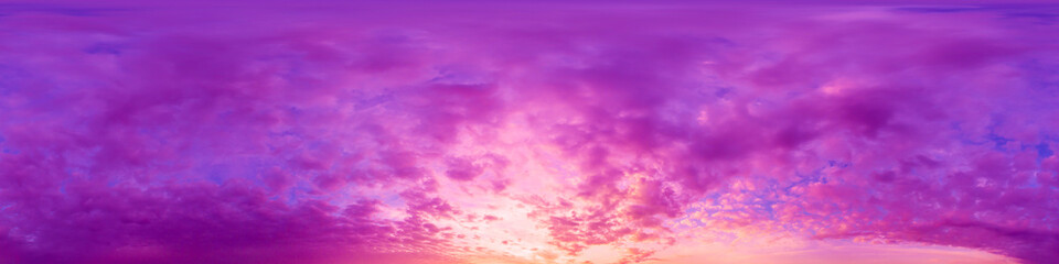 Viva magenta sunset sky panorama with pink Cumulus clouds. Seamless hdr 360 panorama in spherical...