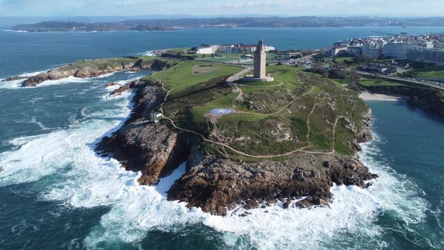 Scenic Drone Aerial Footage of A Coru&ntilde;a, Galicia, Spain, including USESCO World Heritage Site - Tower of Hercules - oldest existent lighthouse known.