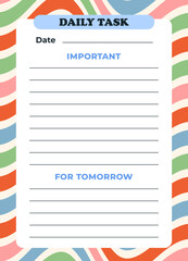 Daily task planner page template. Routine organization. Vertical list on abstract colorful swirl twisted pattern background. Y2k style. Vector illustration
