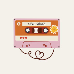 Fototapeta premium Hand-drawn analog cassette tape with lettering and flower sticker. Concept of valentine's day, romance, love, good moments, love music. Point and shoot camera.