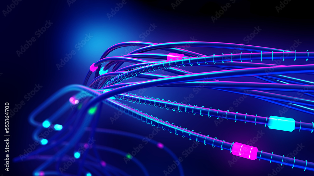Poster Neural network and high-speed Internet. Neon impulse for nano projects. 3D illustration of nanotechnology business solutions in cyber communication