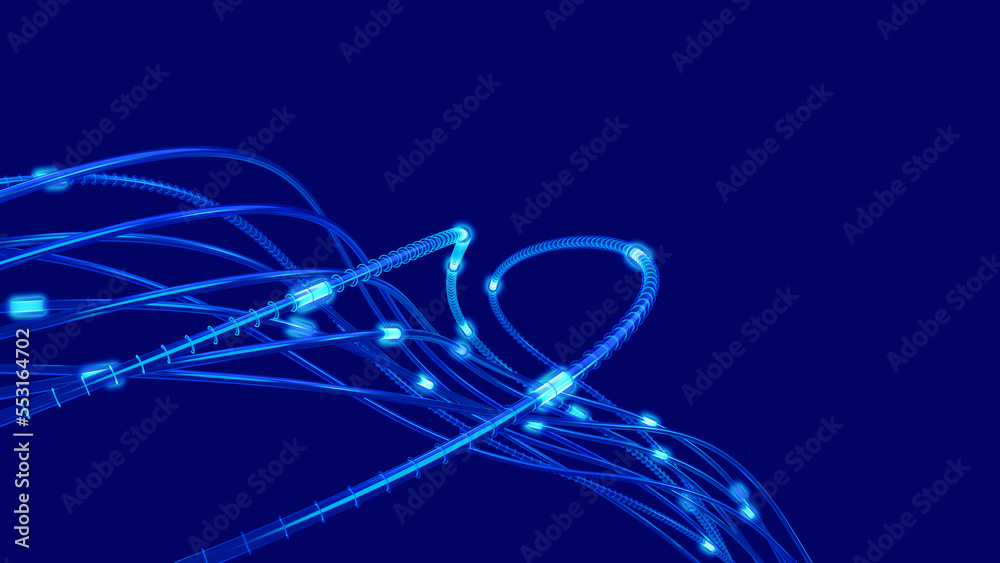 Poster Neural network and high-speed Internet. Neon impulse for nano projects. 3D illustration of nanotechnology business solutions in cyber communication