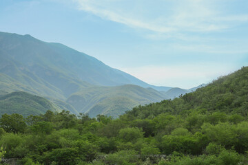 Picturesque landscape with beautiful high mountains outdoors