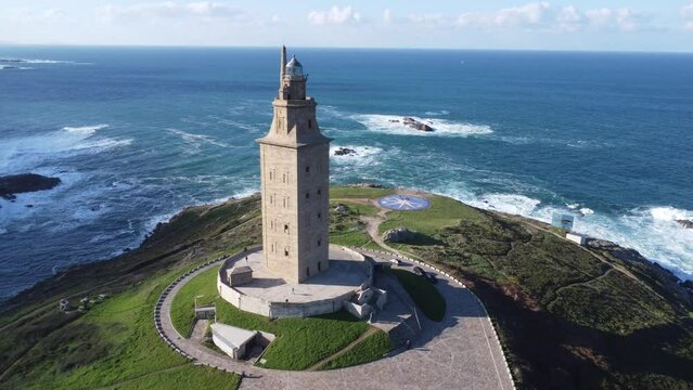Scenic Drone Aerial Footage of A Coru&ntilde;a, Galicia, Spain, including USESCO World Heritage Site - Tower of Hercules - oldest existent lighthouse known.