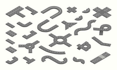 Highway creator parts. Road traffic. City street kit. Track asphalt junction. Car route. Circle or bend speedway. Cross line path. Direction way. Vector illustration current elements set