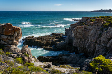 Coastal view from the Cliff Path at Hermanus, Whale Coast, Overberg, Western Cape, South Africa.