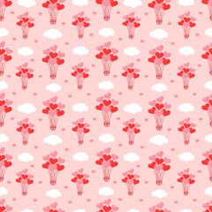 Seamless pattern with pink hot air balloons in the shape of hearts in the sky between the clouds. Vector texture illustration for postcard, textile, decor, paper, texture, wrapping.