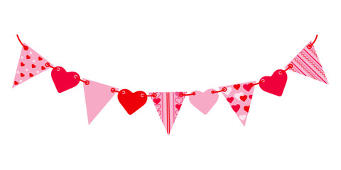 Fototapeta premium Garland with striped and plain triangular flags and hearts on a string. Festive garland with pink flags isolated on white. Vector illustration.