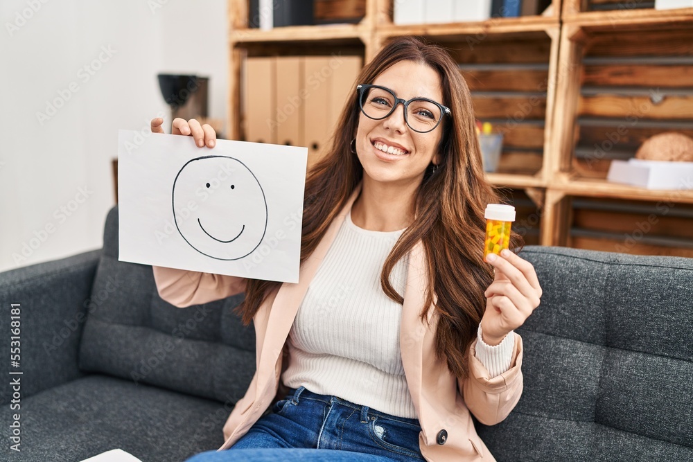 Sticker Young brunette woman at consultation office smiling with a happy and cool smile on face. showing teeth.