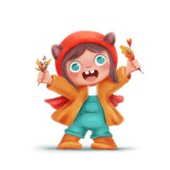cute little autumn girl in a kitten hat rejoices and holds bouquets of leaves, branches and berries in her hands