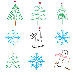 Christmas doodle sticker, cute tree and animalChristmas doodle sticker, cute tree and animal illustration vector set. Vector illustration