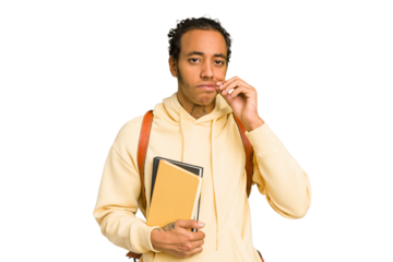 Young african american student man holding a book with fingers on lips keeping a secret.