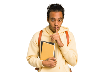 Young african american student man holding a book keeping a secret or asking for silence.