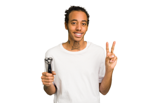 Young African American man holding a razor isolated showing number two with fingers. - Powered by Adobe