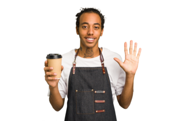 Young African American waiter man holding a takeaway coffee isolated smiling cheerful showing number five with fingers.