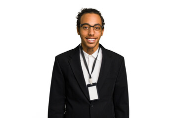 Young African American business man with badge isolated happy, smiling and cheerful.