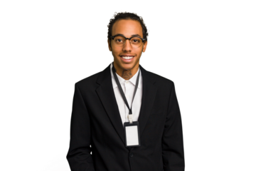 Young African American business man with badge isolated laughs out loudly keeping hand on chest.