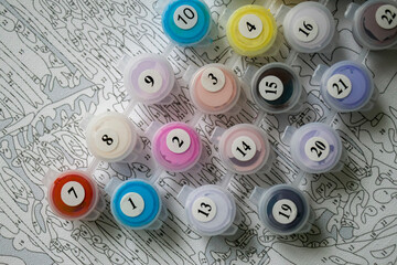 Painting by numbers. Paints and canvas. Set for painting, includes canvas, paints of different...