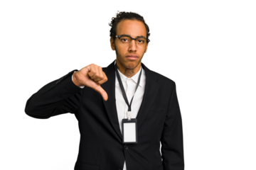 Young African American business man with badge isolated showing a dislike gesture, thumbs down. Disagreement concept.