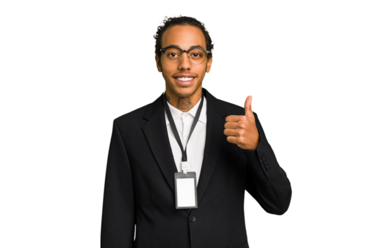 Young African American business man with badge isolated smiling and raising thumb up