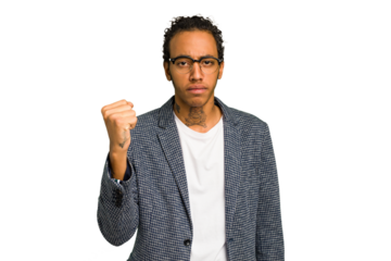 Young African American man isolated showing fist to camera, aggressive facial expression.