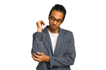Young African American man isolated massaging elbow, suffering after a bad movement.